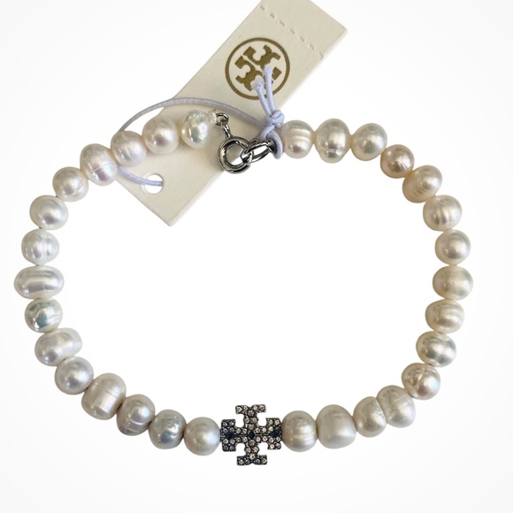 New Tory Burch Cultured Pearl & Pave Logo Bracelet with Tag & Dust Bag $275 - Picture 5 of 5
